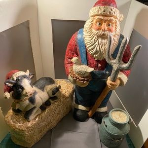 20 in Farmer Santa, Cow and Milk can Great Cond